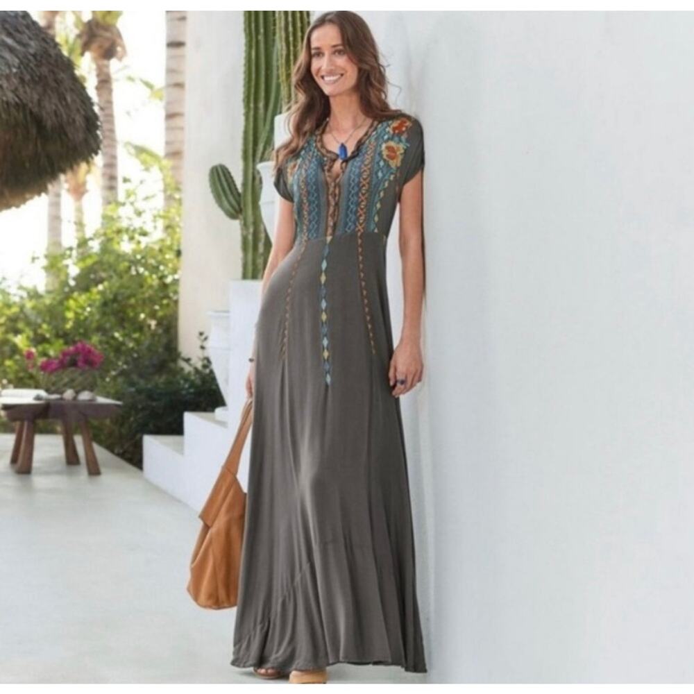 Johnny Was Biya Crozier Embroidered Rayon Maxi Dress NWT Size Small $298
